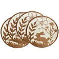 Set of 4 round linen placemats with brown Easter rabbit and floral print pattern. - Placemat Set / Running Bunny with Flowers (ECP1-007)