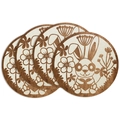 Round linen placemat with brown Easter bunny and floral print for festive table decor - Placemat Set / Bunny with Glasses and Heart (ECP1-008)