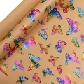 Kraft gift wrapping paper with iridescent foil butterfly patterns in a roll and flat view - Butterfly / 0.43*3M/Roll
