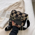 Bolso bandolera chic de tweed de cuadros beige y negro con correa ancha ajustable - Negro