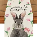 Chemin de table de Pâques en lin avec lapin gris et tulipes sur bois foncé - S