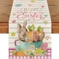 Chemin de table de Pâques en lin avec lapins, œufs et motif imprimé Happy Easter - 4 / 33 X 90 Cm / 55 G / Lin / Bande