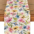 Runner da tavola pasquale in lino con stampa floreale acquerello su tavolo in legno scuro - 6 / 33*90cm/55g/lino/striscia