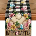 Retro del coniglio di Pasqua con uova colorate su runner in lino a quadri neri - 7 / 33*90cm/55g/lino/striscia
