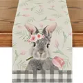 Runner da tavola pasquale in lino con coniglio grigio e ghirlanda su legno scuro - 8 / 33*90cm/55g/lino/striscia