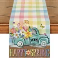 Runner da tavola in lino con camioncino blu e fiori primaverili su sfondo a quadri - 10 / 33*90cm/55g/lino/striscia