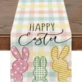 Runner da tavola pasquale in lino a quadretti arcobaleno con sagome di conigli e scritte - 12 / 33*90cm/55g/lino/striscia