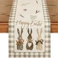 Runner da tavola pasquale in lino con coniglietti e motivi a scacchi marrone bianco - 16 / 33*90cm/55g/lino/striscia