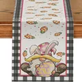 Runner da tavola pasquale in lino con gnomo rosa, uovo e bordo a quadretti bianchi e neri - 19 / 33*90cm/55g/lino/striscia