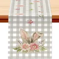 Runner da tavola pasquale con orecchie di coniglio e fiori su lino a quadretti - 21 / 33*90cm/55g/lino/striscia