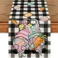 Runner da tavola pasquale con gnomi e motivo a quadretti bianchi e neri in lino - 22 / 33*90cm/55g/lino/striscia