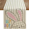 Runner da tavola in lino a righe beige con motivo a coniglio e scritta Hip Hop - 23 / 33*90cm/55g/lino/striscia