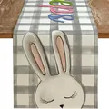 Runner da tavola pasquale con simpatica stampa di coniglio su lino a scacchi grigio - 25 / 33*90cm/55g/lino/striscia