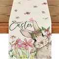 Runner da tavola pasquale in lino con coniglietti dipinti e scritta Happy Easter - 26 / 33*90cm/55g/lino/striscia