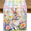 Runner da tavola pasquale con coniglio acquerello e fiori su lino a quadri arcobaleno - 32 / 33*90cm/55g/lino/striscia