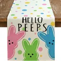 Runner da tavola pasquale in lino con stampa coniglietti Hello Peeps e pois colorati - S