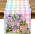 Runner da tavola pasquale con quadri colorati, tulipani e stampa con coniglietti - 35 / 33*90cm/55g/lino/striscia