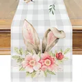 Runner da tavola pasquale in lino con orecchie di coniglio e fiori su quadri grigi - 37 / 33*90cm/55g/lino/striscia