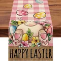 Runner da tavola pasquale in lino con quadri rosa, coniglietti e uova su legno - 39 / 33*90cm/55g/lino/striscia