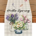Runner da tavola pasquale in lino con stampa floreale Hello Spring e quadretti - 40 / 33*90cm/55g/lino/striscia