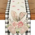 Runner da tavola pasquale con orecchie di coniglio e fiori rosa su bordi a quadretti - 44 / 33*90cm/55g/lino/striscia