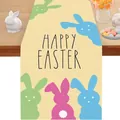 Runner da tavola pasquale in lino con testo Happy Easter e motivi di conigli colorati - 49 / 33*90cm/55g/lino/striscia