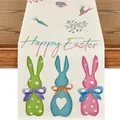 Runner da tavola pasquale in lino con scritta Happy Easter e illustrazioni di conigli - 51 / 33*90cm/55g/lino/striscia