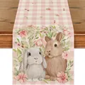 Runner da tavola pasquale in lino con motivo a quadri rosa e stampa floreale di conigli - 53 / 33*90cm/55g/lino/striscia