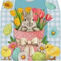 Runner da tavola pasquale in lino con coniglio grigio e tulipani su trama a quadri - 55 / 33*90cm/55g/lino/striscia