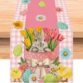 Runner da tavola pasquale in lino rosa con motivi di coniglietti e uova colorate - 56 / 33*90cm/55g/lino/striscia