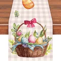 Runner da tavola pasquale in lino con uova acquerello in cesto e fiocco rosa su legno - 57 / 33*90cm/55g/lino/striscia