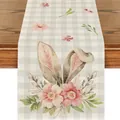 Runner da tavola pasquale in lino con orecchie di coniglio e fiori su tessuto a quadretti - 59 / 33*90cm/55g/lino/striscia