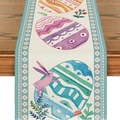 Runner da tavola pasquale in lino con uova colorate e coniglietti rosa su fondo beige - 63 / 33*90cm/55g/lino/striscia