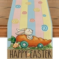 Runner da tavola pasquale in lino con strisce colorate e motivo coniglio su auto carota - 33cmx90cm / Coniglio cartone animato alla guida di un'auto carota