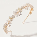 Diadema de flores dorada de lujo con perlas blancas y diamantes para novias y bodas reales - Hoja Floral / Dorado