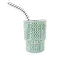 Light green rhinestone studded 3oz stainless steel tumbler with a silver metal straw - Tapered Leg / Green