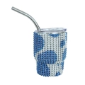 3oz vacuum tumbler with blue and silver rhinestones, lid and metal straw - Tapered Leg / Cow Pattern Dark Blue