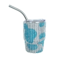 Sky blue and white rhinestone studded 3oz stainless steel tumbler with straw and lid - Tapered Leg / Cow Pattern Sky Blue