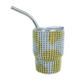 3oz vacuum insulated tumbler with yellow and silver rhinestones and a metal straw - Tapered Leg / Cow Pattern Yellow
