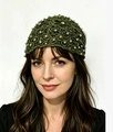 Dark green crochet lace headband with green pearls and rhinestones on a model - Army Green