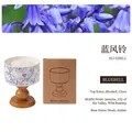 Bluebell scented soy candle in blue floral ceramic jar with a round wood base gift set - Blue/Bluebell/Camellia (Brown Pillar)