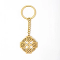 Polished gold stainless steel keychain with intricate hollow Celtic knot pendant and chain - Double Celtic Knot / Gold