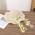 Beige woven straw hat with yellow floral ribbons and lace trim for beach vacations - Yellow String Beige