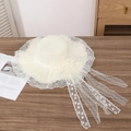 Chic cream bow straw sun hat with delicate lace ribbon for beach vacation styling - Thin Lace Milky White