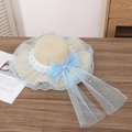 Light blue bow straw sun hat with lace brim and elegant white pearl tassel details - Blue Gauze Beige