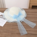 Women straw sun hat in cream with blue lace brim and large ribbon bow detail - Blue Gauze Milk White