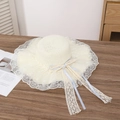 Elegant cream straw sun hat with blue ribbon bow and delicate white lace detailing - Blue Ribbon Milk White