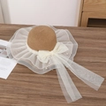 Brown straw sun hat with white lace brim, ribbon bow and faux pearl accents - Beige Gauze Khaki