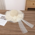 Beige wide brim straw sun hat with large mesh bow and pearl accents for beach vacation - Beige