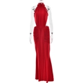 Detail of red halter neck evening gown featuring side waist cutouts and ruched mermaid skirt - S / Burgundy